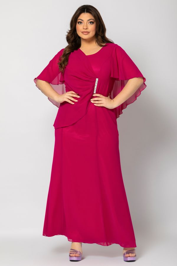 Maxi ντραπέ φόρεμα με μπέρτα και στρας σε magenta χρώμα