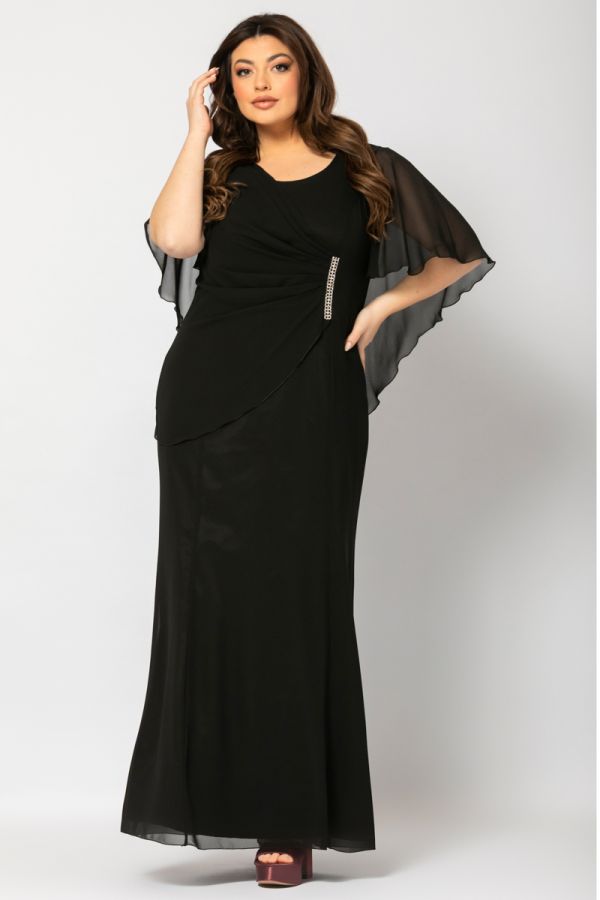 Maxi ντραπέ φόρεμα με μπέρτα και στρας σε μαύρο χρώμα 1xl 2xl 3xl 4xl 5xl 