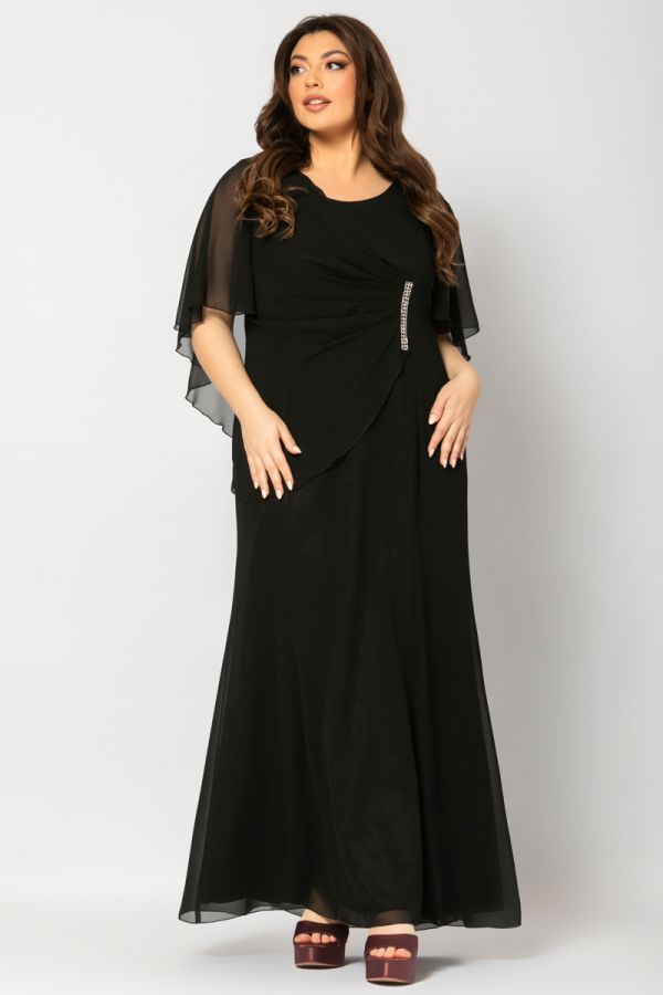 Maxi ντραπέ φόρεμα με μπέρτα και στρας σε μαύρο χρώμα 1xl 2xl 3xl 4xl 5xl 