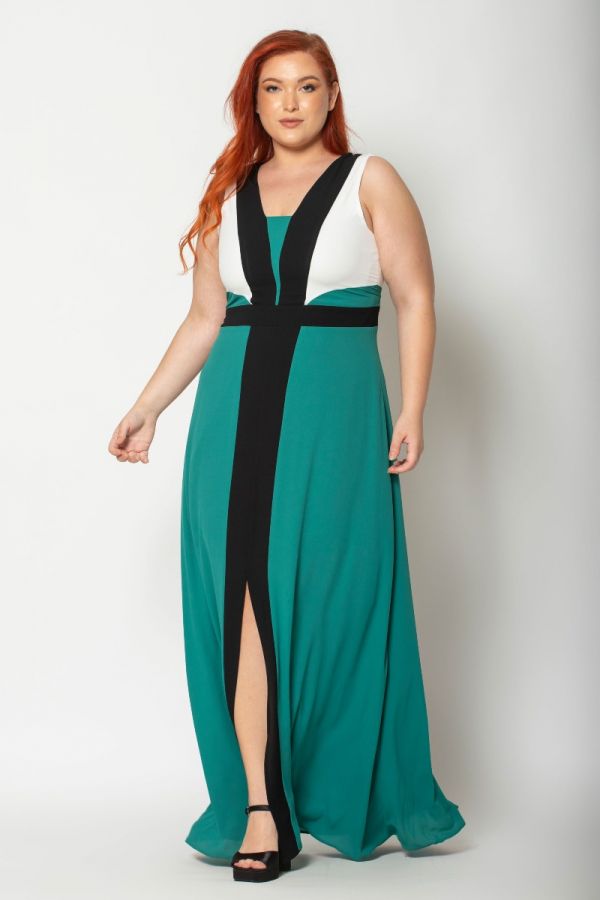Maxi τρίχρωμο φόρεμα με άνοιγμα μπροστά σε πράσινο χρώμα