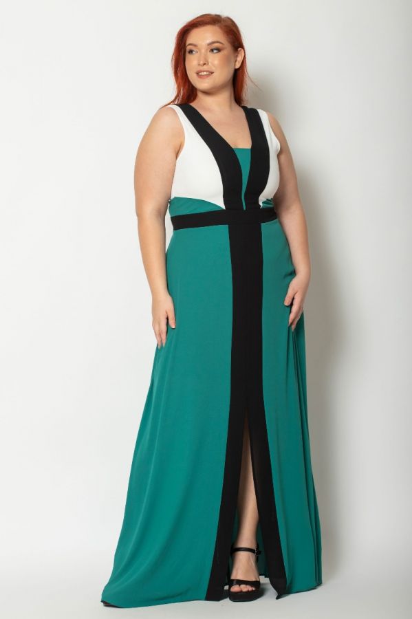 Maxi τρίχρωμο φόρεμα με άνοιγμα μπροστά σε πράσινο χρώμα
