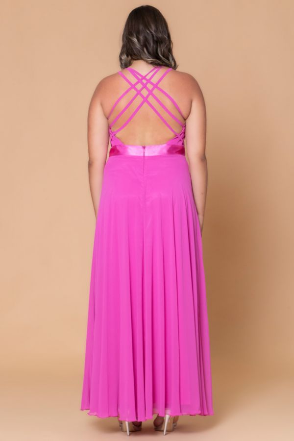 Maxi φόρεμα με ανοιχτή πλάτη και λουλούδια σε φουξ χρώμα 