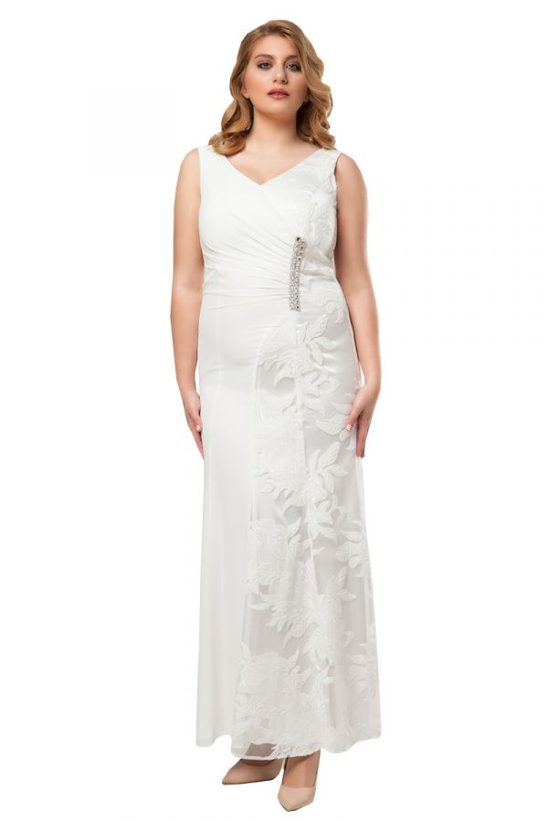 Φόρεμα maxi με δαντέλα και στρας σε λευκό χρώμα