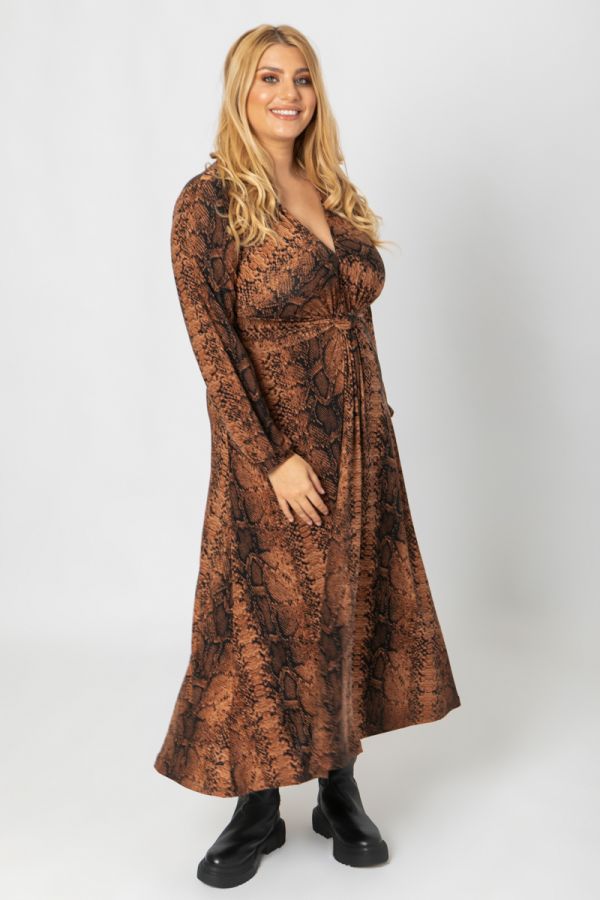 Animal printed maxi φόρεμα με κόμπο σε καφέ χρώμα