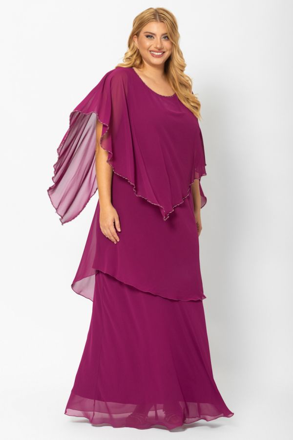 Φόρεμα maxi με τριπλό βολάν και χάντρες σε magenta χρώμα