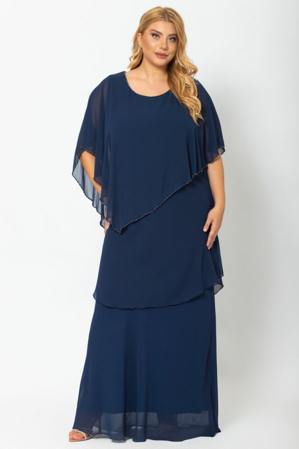 Φόρεμα maxi με τριπλό βολάν και χάντρες σε μπλε σκούρο χρώμα