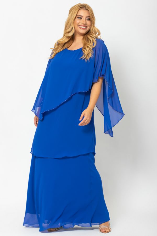Φόρεμα maxi με τριπλό βολάν και χάντρες σε ρουά χρώμα