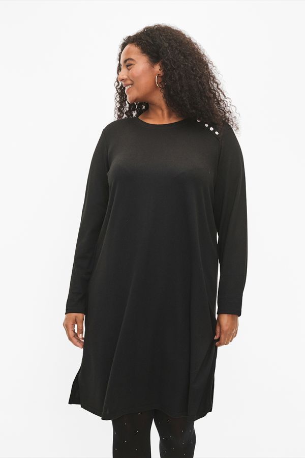 Πλεκτό φόρεμα με κουμπιά στον ώμο σε μαύρο χρώμα