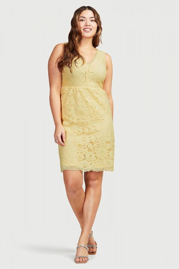Φόρεμα με δαντέλα και V λαιμόκοψη σε κίτρινο χρώμα