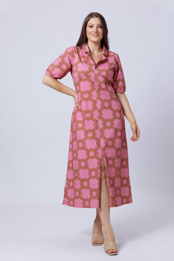 Midi φόρεμα με άνοιγμα μπροστά σε ροζ χρώμα
