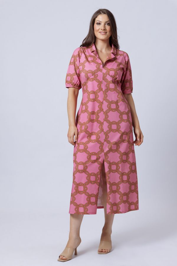 Midi φόρεμα με άνοιγμα μπροστά σε ροζ χρώμα