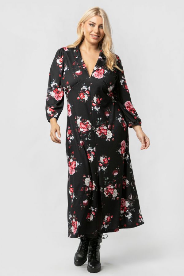 Midi floral φόρεμα με άνοιγμα μπροστά σε μαύρο/κόκκινο χρώμα