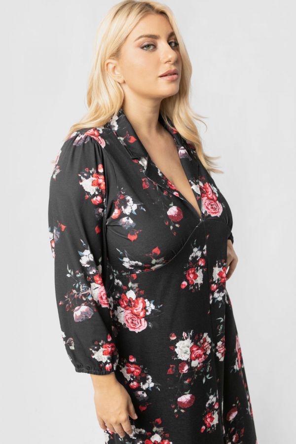 Midi floral φόρεμα με άνοιγμα μπροστά σε μαύρο/κόκκινο χρώμα