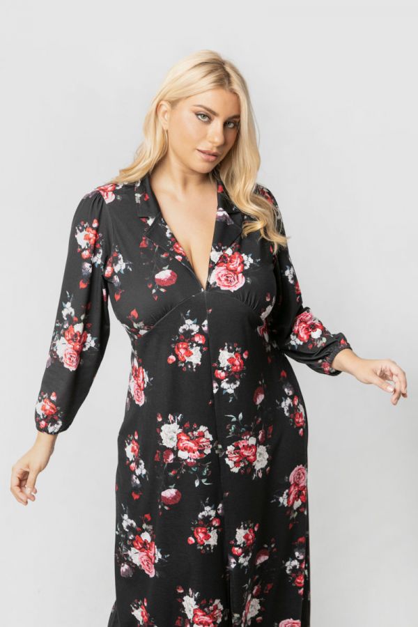 Midi floral φόρεμα με άνοιγμα μπροστά σε μαύρο/κόκκινο χρώμα