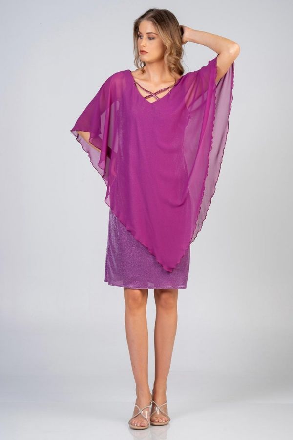 Midi φόρεμα με glitter και χιαστί λαιμόκοψη σε magenta χρώμα