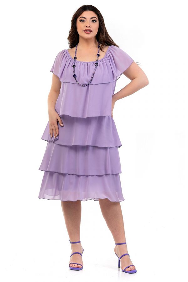 Midi φόρεμα με overlay βολάν σε λιλά χρώμα