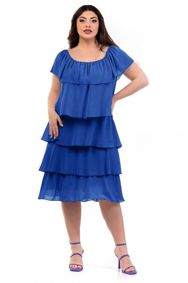 Midi φόρεμα με overlay βολάν σε ρουά χρώμα