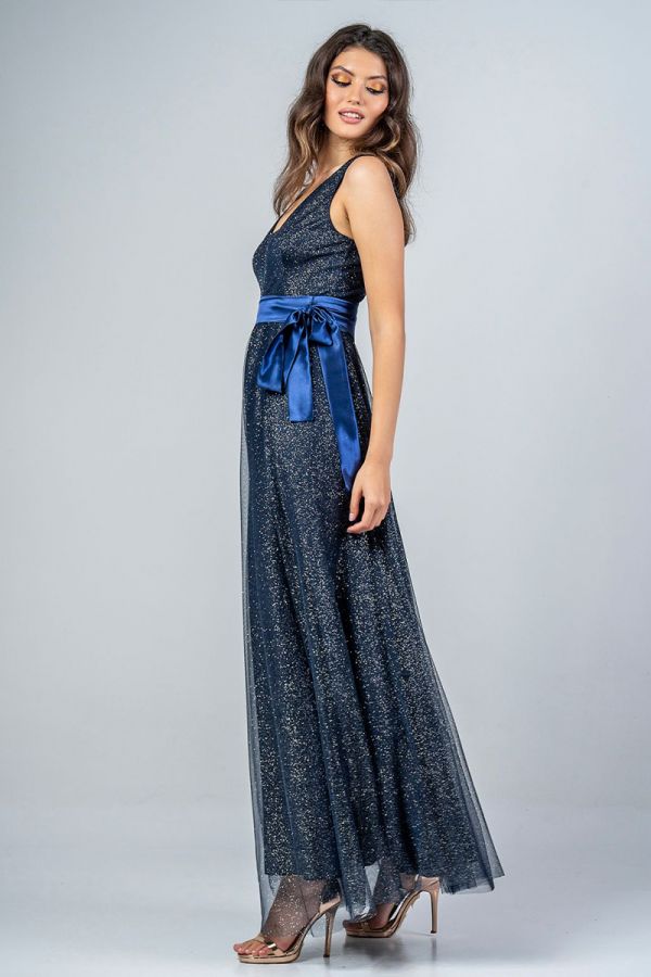 Maxi φόρεμα με τούλι και glitter σε μπλε χρώμα