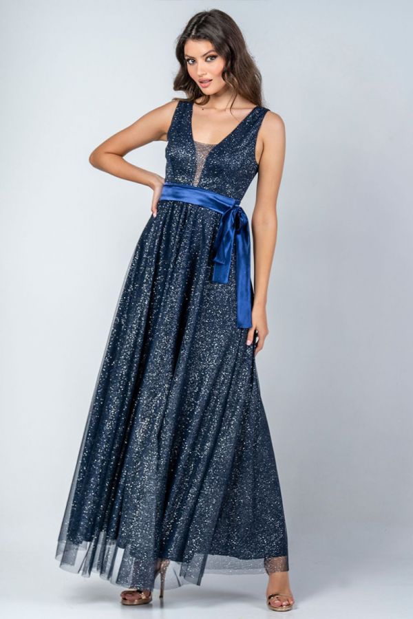 Maxi φόρεμα με τούλι και glitter σε μπλε χρώμα
