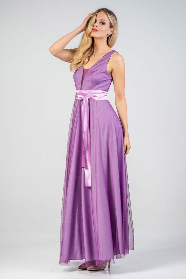 Maxi φόρεμα με τούλι και glitter σε λιλά χρώμα