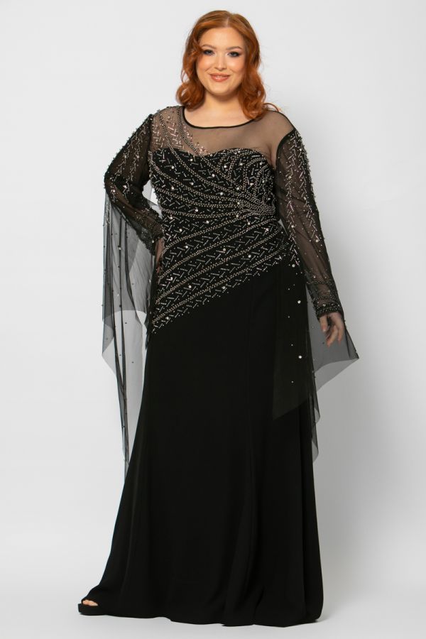 Maxi φόρεμα με μπέρτα από τούλι και στρας σε μαύρο χρώμα 1xl 2xl 3xl 4xl 5xl 