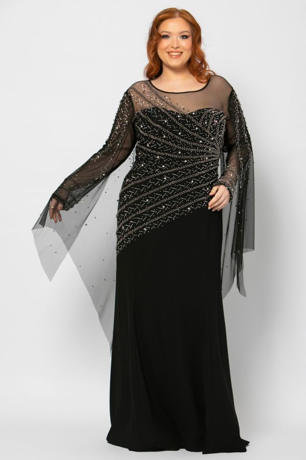 Maxi φόρεμα με μπέρτα από τούλι και στρας σε μαύρο χρώμα 1xl 2xl 3xl 4xl 5xl  
