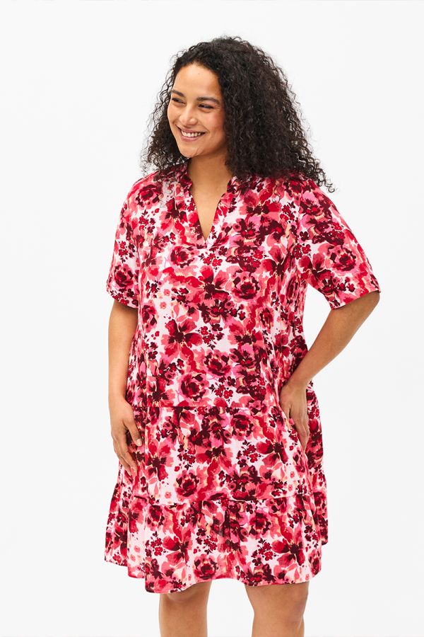 Floral φόρεμα με βολάν στο τελείωμα σε ροζ χρώμα