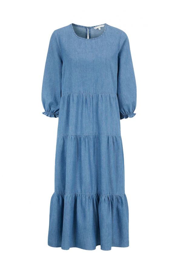 Φόρεμα με βολάν σε denim light blue χρώμα 