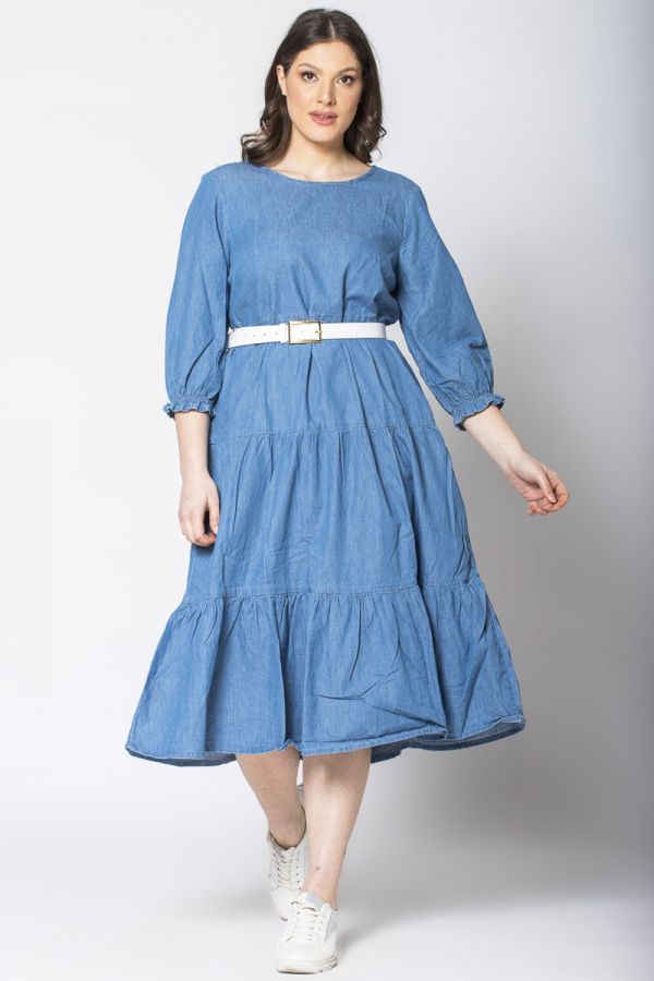 Φόρεμα με βολάν σε denim light blue χρώμα 