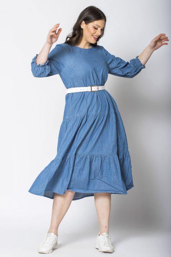 Φόρεμα με βολάν σε denim light blue χρώμα 