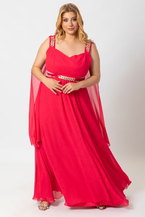 Maxi φόρεμα με διακοσμητικές αλυσίδες σε κοραλλί χρώμα