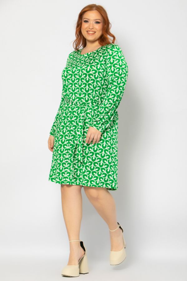 Εμπριμέ mini φόρεμα με ζώνη και balloon μανίκι σε πράσινο χρώμα 1xl 2xl 3xl 4xl 5xl 