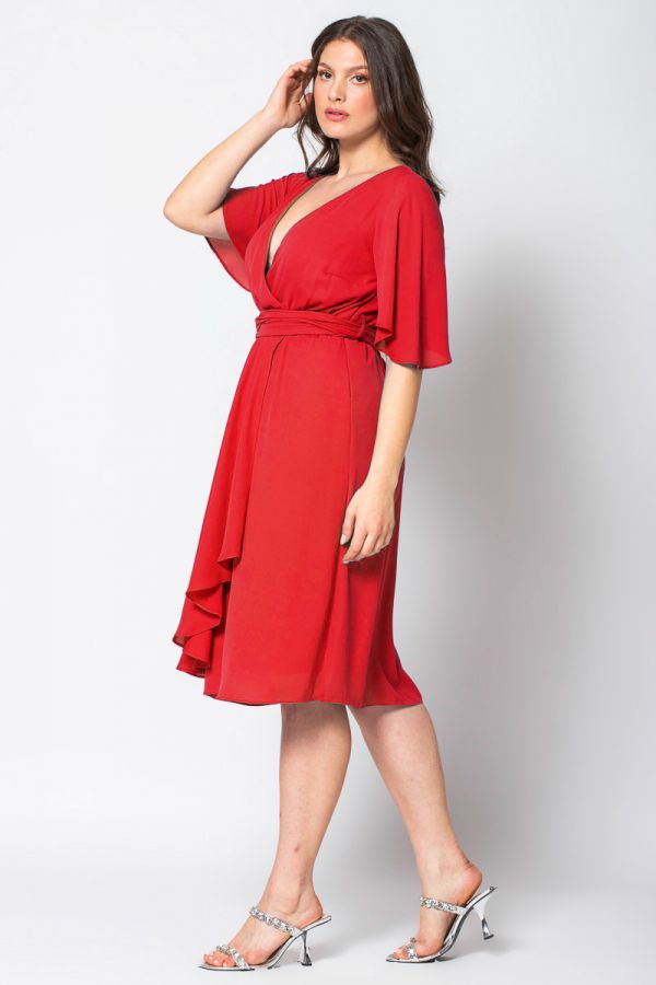 Midi κρουαζέ φόρεμα με ζώνη σε κόκκινο χρώμα