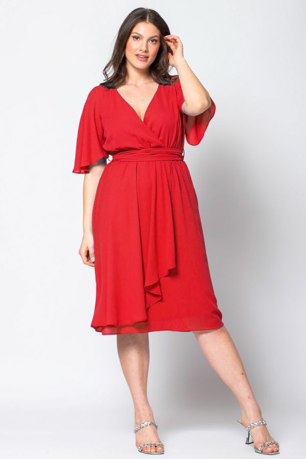 Midi κρουαζέ φόρεμα με ζώνη σε κόκκινο χρώμα