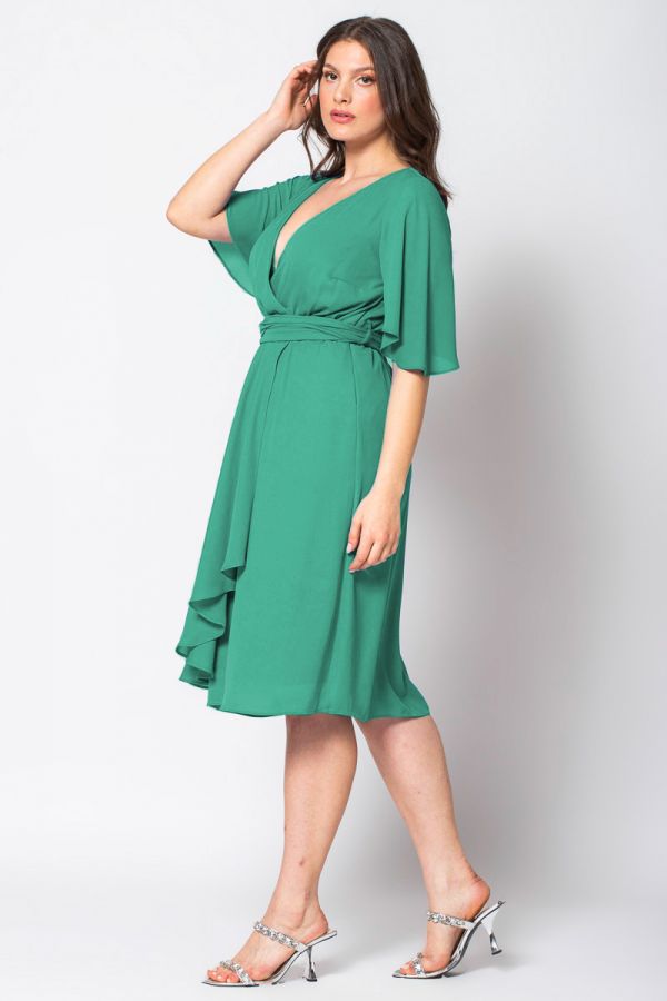 Midi κρουαζέ φόρεμα με ζώνη σε πράσινο χρώμα