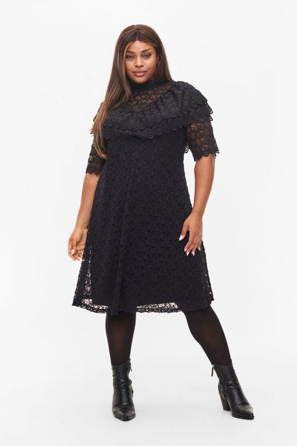 Midi φόρεμα με δαντέλα και βολάν σε μαύρο χρώμα