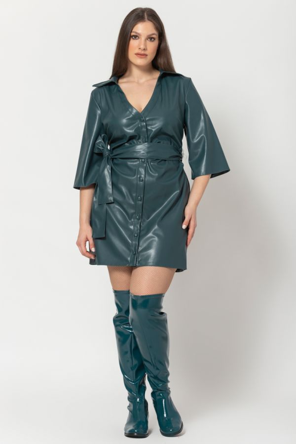 Mini leather-like φόρεμα με κουμπιά σε πετρόλ χρώμα 1xl 2xl 3xl 4xl 5xl 6xl
