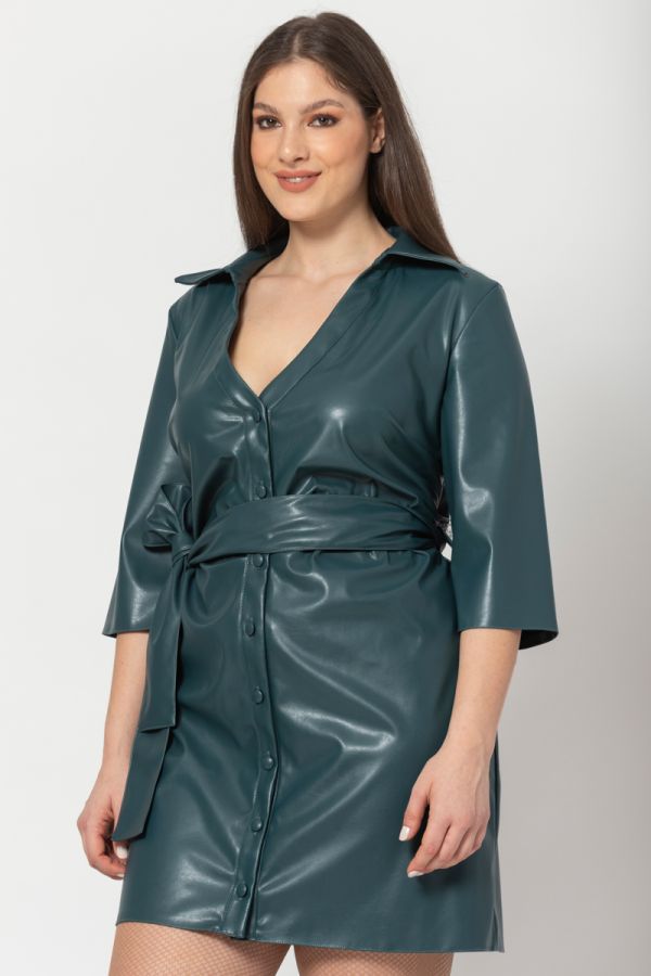 Mini leather-like φόρεμα με κουμπιά σε πετρόλ χρώμα 1xl 2xl 3xl 4xl 5xl 6xl