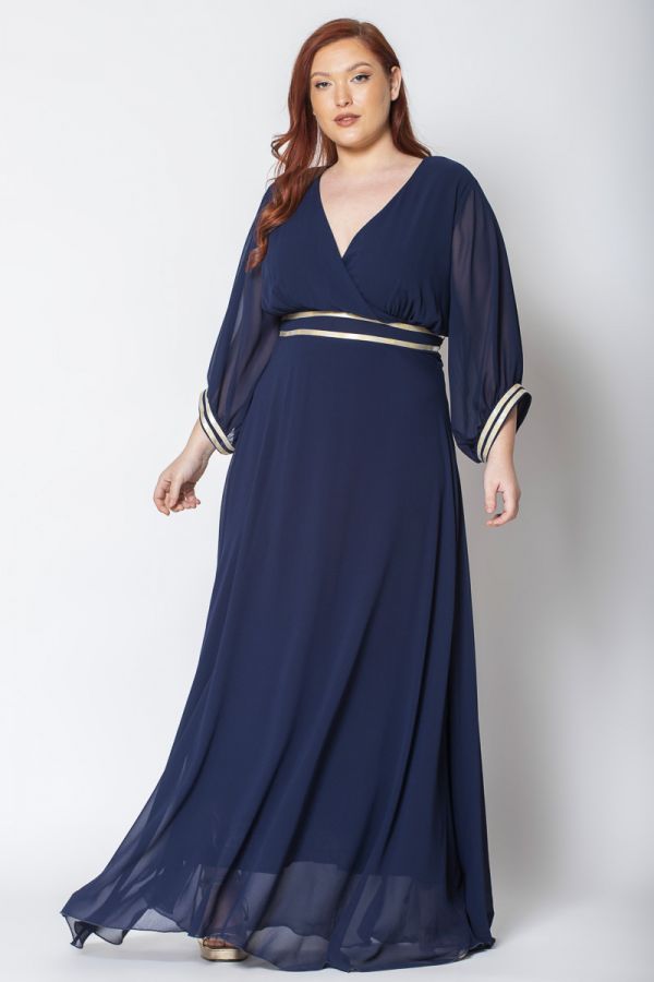 Φόρεμα με χρυσές λεπτομέρειες από μουσελίνα σε μπλε σκούρο χρώμα