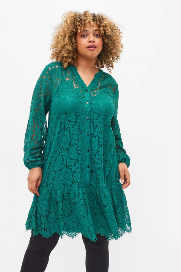 Φόρεμα με δαντέλα και κουμπιά σε πράσινο χρώμα 1XL,2XL,3XL,4XL,5XL