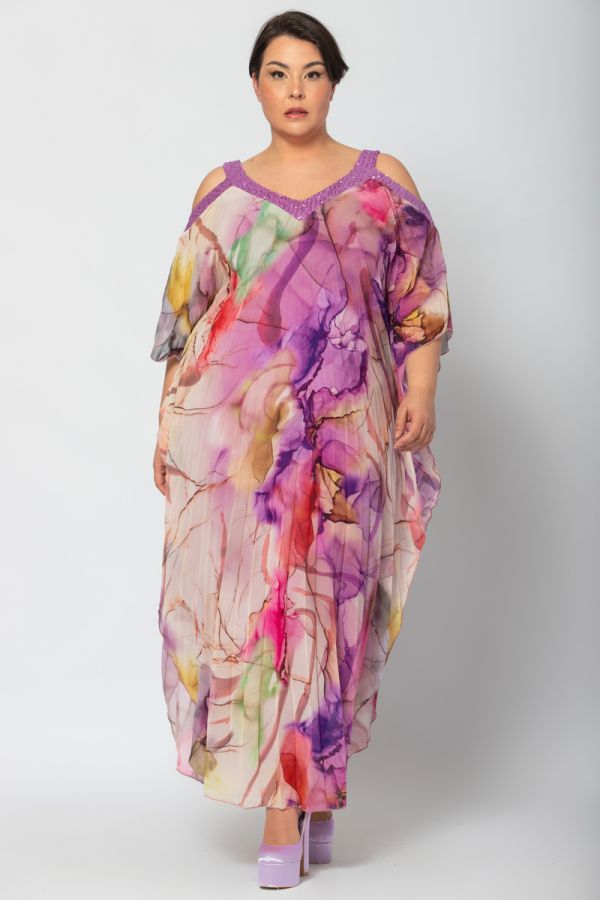 Maxi πλισέ φόρεμα με παγιέτα σε μωβ χρώμα
