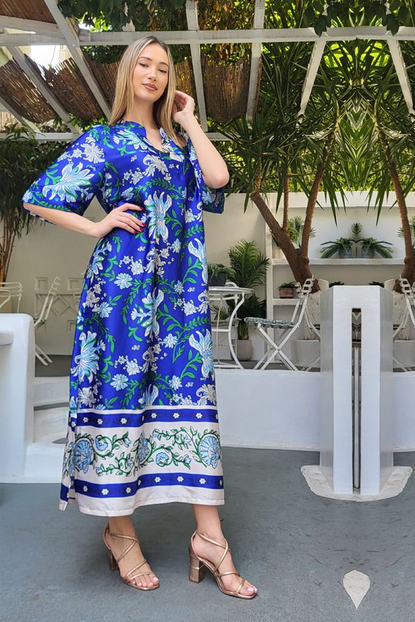 Maxi σατέν floral φόρεμα σε μωβ χρώμα 