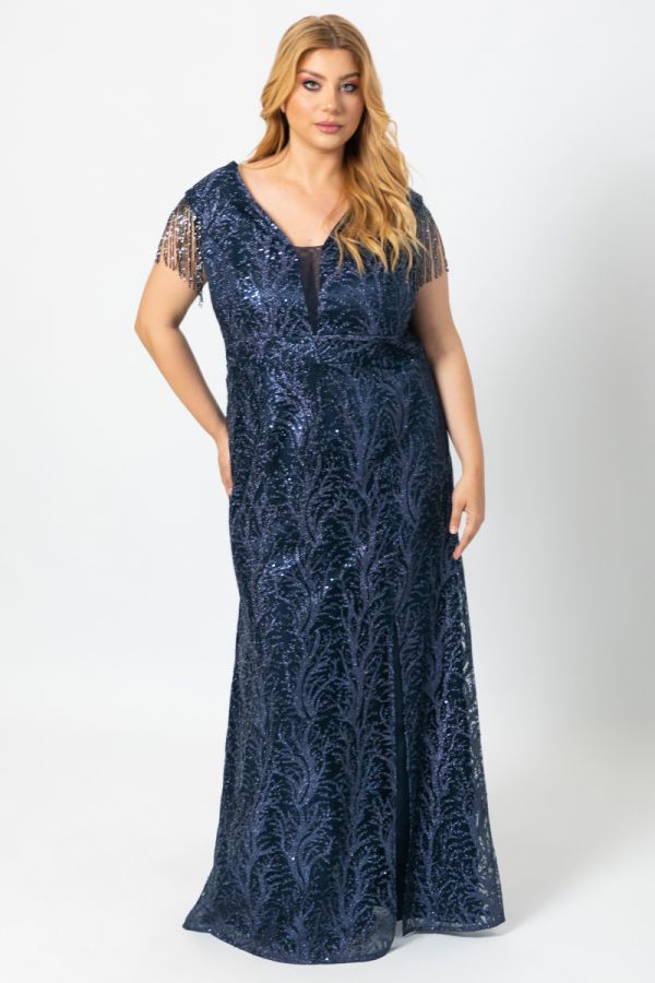 Maxi σατέν φόρεμα με κρόσια στα μανίκια σε μπλε σκούρο χρώμα 1xl 2xl 3xl 4xl 5xl 