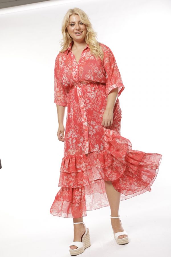  Maxi floral σεμιζιέτα με βολάν στο τελείωμα σε κοραλλί χρώμα