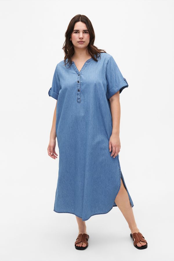 Μακρύ jean φόρεμα με κουμπιά στο V σε denim blue χρώμα