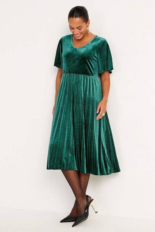 Πλισέ βελουτέ φόρεμα σε πράσινο χρώμα