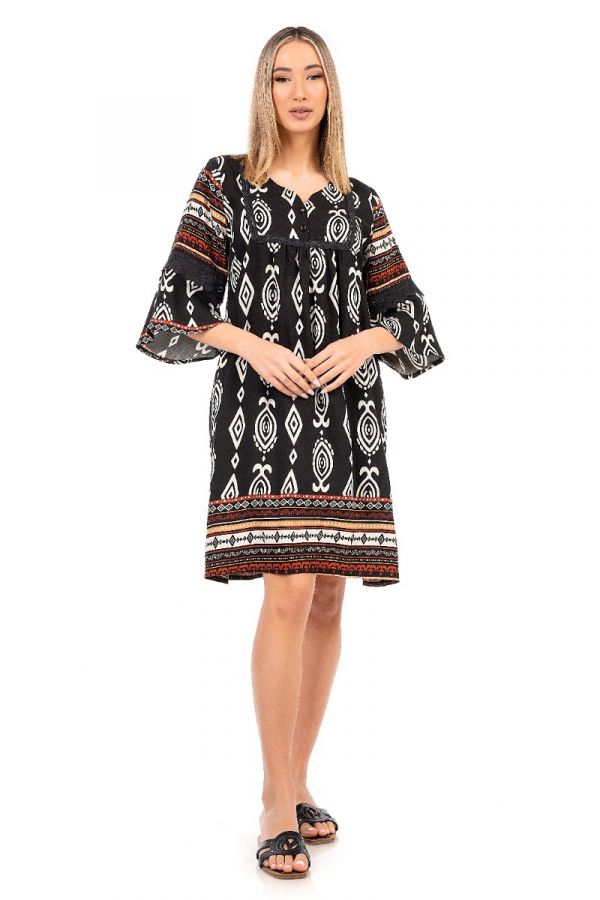 Boho midi εμπριμέ φόρεμα σε μαύρο χρώμα 