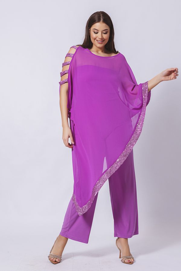 Ολόσωμη φόρμα με ασύμμετρη μουσελίνα σε magenta χρώμα
