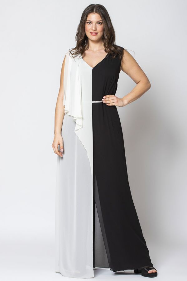 Δίχρωμη ολόσωμη φόρμα με στρας στη μέση σε μαύρο/άσπρο χρώμα.