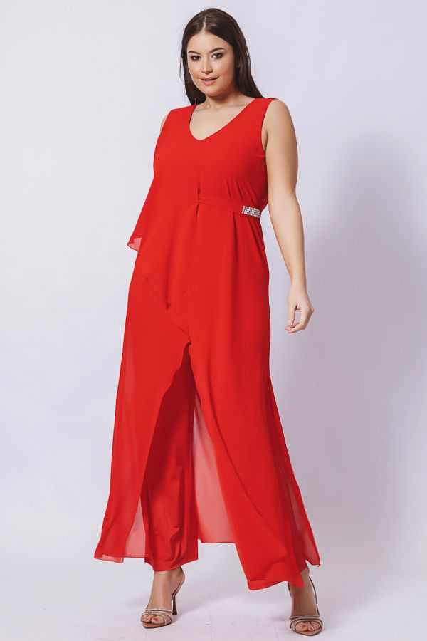 Ολόσωμη φόρμα με στρας ζώνη σε κόκκινο χρώμα